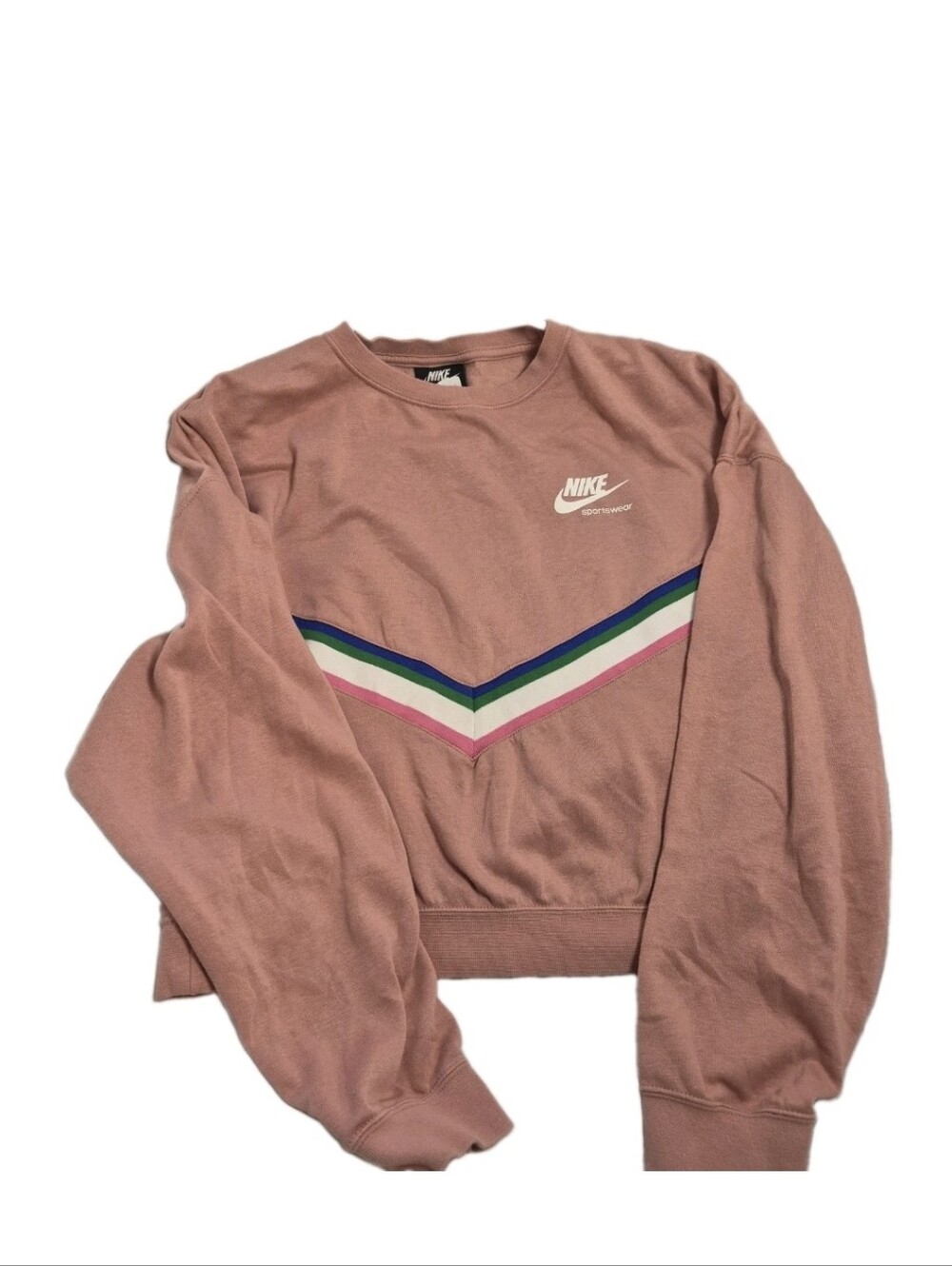 Nike Sportswear Heritage Crop Fleece Sweatshirt L Pink Chevron Stripe Pullover